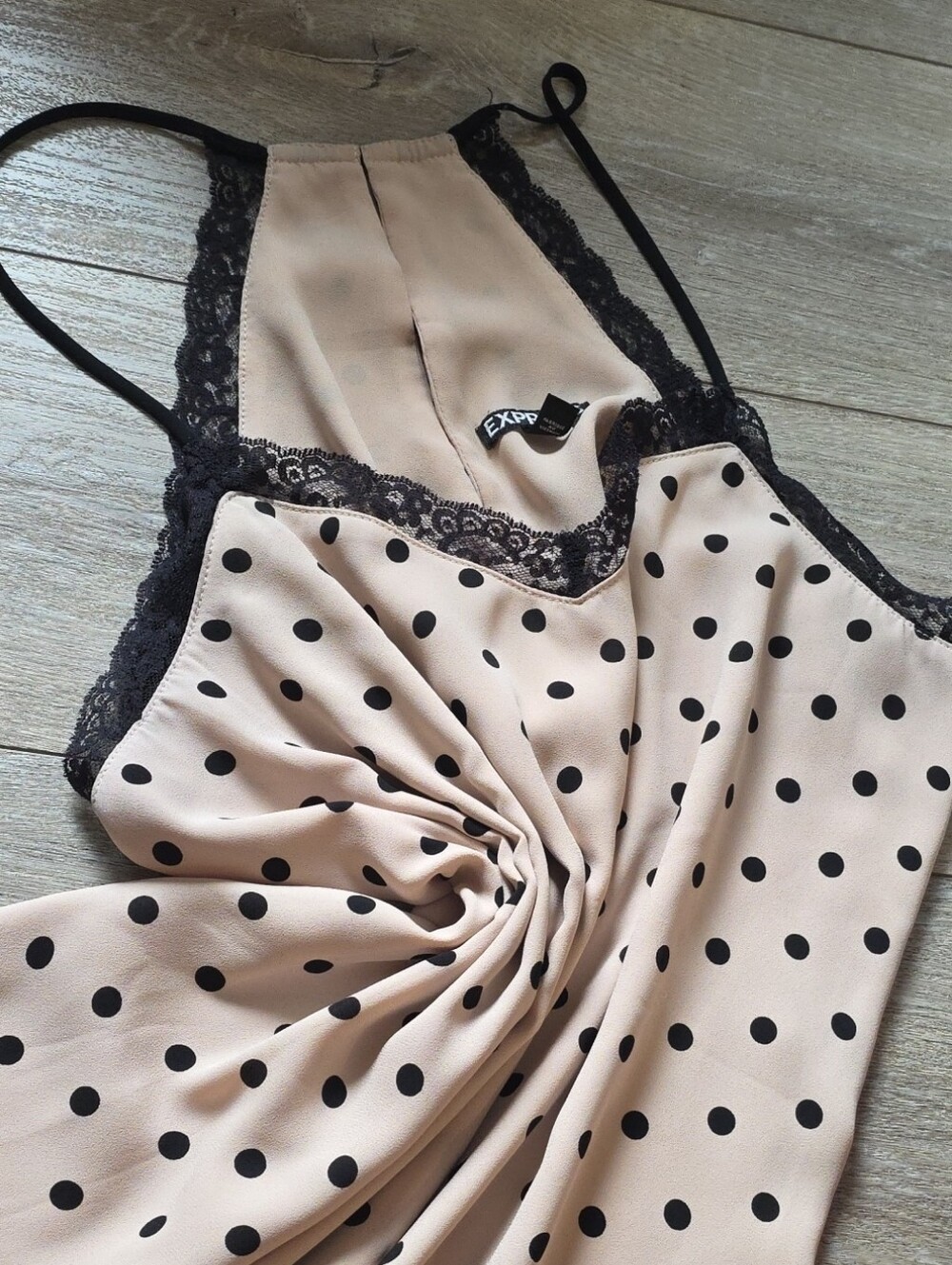 Express Nude Satin Polka Dot Chemise with Black Lace